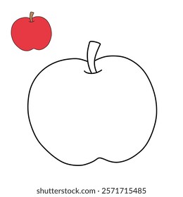 Doodle apple isolated on white background vector. Red apple fruit coloring Page. Cartoon apple coloring page for kindergarten and preschool worksheets for kids printable. Trace and color apple.