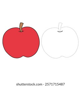 Doodle apple isolated on white background vector. Red apple fruit coloring Page. Cartoon apple coloring page for kindergarten and preschool worksheets for kids printable. Trace and color apple.