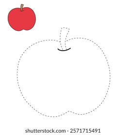 Doodle apple isolated on white background vector. Red apple fruit coloring Page. Cartoon apple coloring page for kindergarten and preschool worksheets for kids printable. Trace and color apple.