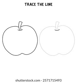 Doodle apple isolated on white background vector. Red apple fruit coloring Page. Cartoon apple coloring page for kindergarten and preschool worksheets for kids printable. Trace and color apple.