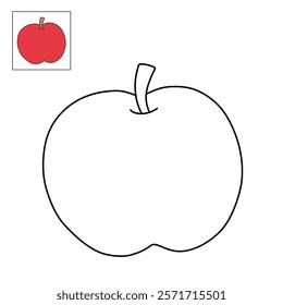 Doodle apple isolated on white background vector. Red apple fruit coloring Page. Cartoon apple coloring page for kindergarten and preschool worksheets for kids printable. Trace and color apple.