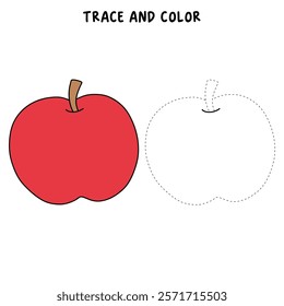 Doodle apple isolated on white background vector. Red apple fruit coloring Page. Cartoon apple coloring page for kindergarten and preschool worksheets for kids printable. Trace and color apple.