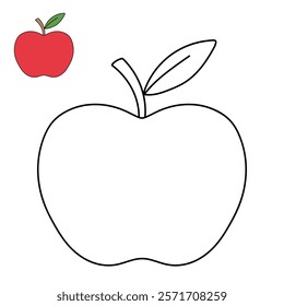 Doodle apple isolated vector. Red apple fruit coloring Page. Cartoon apple coloring page for kindergarten and preschool worksheets for kids printable. Trace and color apple.