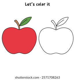 Doodle apple isolated vector. Red apple fruit coloring Page. Cartoon apple coloring page for kindergarten and preschool worksheets for kids printable. Trace and color apple.