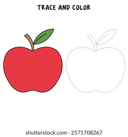 Doodle apple isolated vector. Red apple fruit coloring Page. Cartoon apple coloring page for kindergarten and preschool worksheets for kids printable. Trace and color apple.