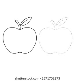 Doodle apple isolated vector. Red apple fruit coloring Page. Cartoon apple coloring page for kindergarten and preschool worksheets for kids printable. Trace and color apple.