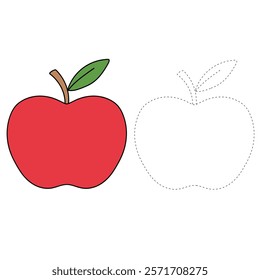 Doodle apple isolated vector. Red apple fruit coloring Page. Cartoon apple coloring page for kindergarten and preschool worksheets for kids printable. Trace and color apple.