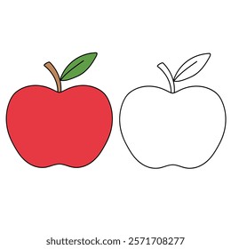 Doodle apple isolated vector. Red apple fruit coloring Page. Cartoon apple coloring page for kindergarten and preschool worksheets for kids printable. Trace and color apple.