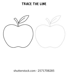 Doodle apple isolated vector. Red apple fruit coloring Page. Cartoon apple coloring page for kindergarten and preschool worksheets for kids printable. Trace and color apple.