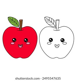 Doodle apple with leaf isolated vector. Coloring Page Apple Fruit Red. Coloring apple. Coloring book for kids. Worksheet for kids. Cute cartoon apple coloring page for kids.