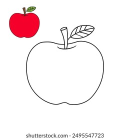 Garabato de manzana con hoja de Vector aislado. Página para colorear Fruta de manzana roja. Colorear manzana. Libro para colorear para niños. Hoja de trabajo para niños. Lindo dibujo de manzana para colorear página para niños.