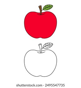 Doodle apple with leaf isolated vector. Coloring Page Apple Fruit Red. Coloring apple. Coloring book for kids. Worksheet for kids. Cute cartoon apple coloring page for kids.