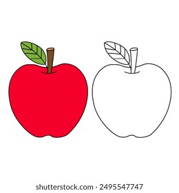 Doodle apple with leaf isolated vector. Coloring Page Apple Fruit Red. Coloring apple. Coloring book for kids. Worksheet for kids. Cute cartoon apple coloring page for kids.