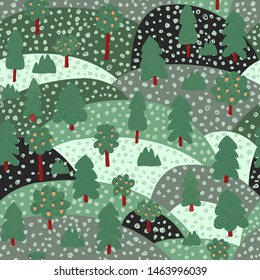 Doodle apple tree landscape background. Fruit trees seamless pattern. Naive art style. Design for fabric, textile print, wrapping paper, children textile. Vector illustration
