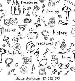Arqueología de Doodle, historia patrón sin fisuras en color blanco y negro de la ilustración vectorial de la población. Educación, exploración, idea de investigación. Grunge los elementos dibujados a mano.