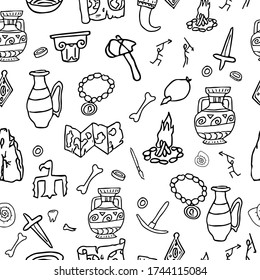 Doodle archeology, history seamless pattern in black and white colours stock vector illustration. Education, explore, research idea. Grunge hand drawn elements.