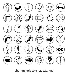 Doodle arrow buttons. Hand drawn vintage style.