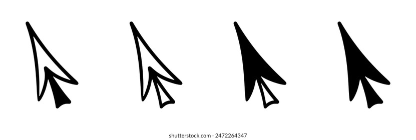 Doodle arrow click icon. Hand drawn mouse cursor. Vector illustration of button pointer in sketch style isolated on white background