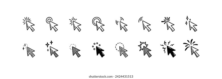 Doodle arrow click icon set. Hand drawn mouse cursor. Press here tap button. Arrow pointer. Sketch vector illustration with manga design elements