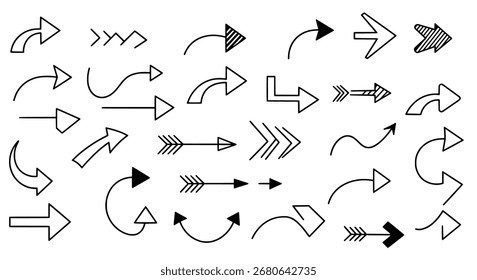 Doodle-Pfeilsammlung, handgezeichnete Vektorgrafiken mit Zeigern, Zeichen und Symbolen für ein skizzenhaftes, kreatives Designkonzept.