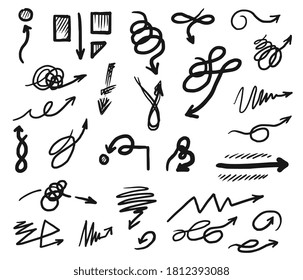 Doodle Arrow. Curved And Tangled Doodle Arrow Icon Set. Vector Infographic Element. Hand Drawn Straight And Wavy Abstract Indicator, Ink Pointer Collection. Black And White Illustration