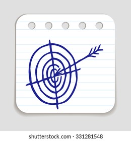 Doodle Arrow Hitting A Target Icon. Blue Pen Hand Drawn Infographic Symbol On A Notepaper Piece. Line Art Style Graphic Design Element. Web Button With Shadow. Goal, Achievement, Precise Hit Concept.
