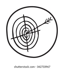 Doodle Arrow Hitting a Target icon. Blue pen hand drawn infographic symbol on a notepaper piece. Line art style graphic design element. Web button with shadow. Goal, achievement, precise hit concept.