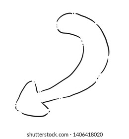 Doodle arrow icon pointing down and left, black and white