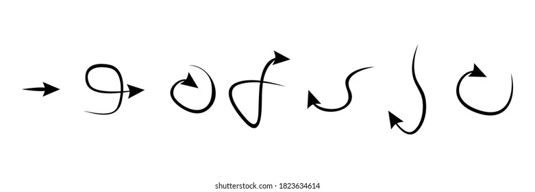 Doodle arrow icon set. Black handmade curve arrows collection vector illustration. Isolated on white.