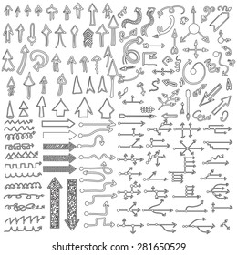 Doodle arrow icons set with spiral, square, circle and triangle directions, shapes . White background. Vector Illustration. - Shutterstock ID 281650529
