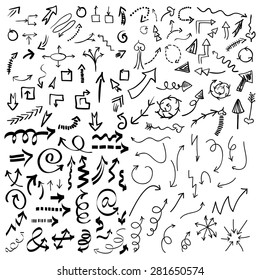 Doodle arrow icons set with spiral, square, circle and triangle directions, shapes . White background. Vector Illustration.