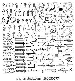 Doodle arrow icons set with spiral, square, circle and triangle directions, shapes . White background. Vector Illustration.