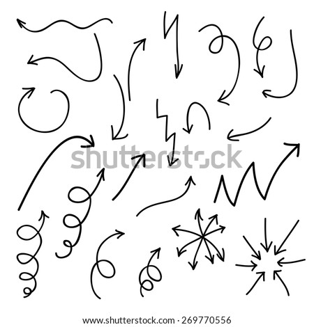 Doodle arrow icons set with spiral, square, circle and triangle directions, shapes . White background. Vector Illustration.