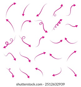 Doodle arrow in pink color. Hand draw arrow. Pink hand draw arrow set isolated on white background.