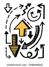 Doodle Pfeil gesetzt. Handgezeichnete schwarz-gelbe Designelemente