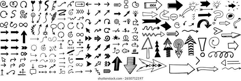 Doodle Flecha Sketch Pack. Incluye flechas curvas, espirales, onduladas y direccionales para notas, mapas y diagramas. Estilo de Vector editable.