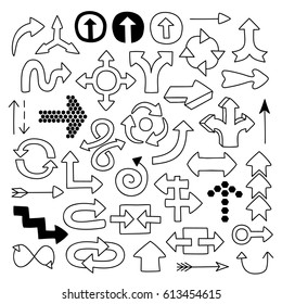 Doodle arrow symbols set. Hand drawn graphic design elements. Line art style icons for web site, mobile app, infographics, scrapbooking. Movement, recycle, direction concept. Vector illustration