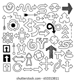 Doodle arrow symbols set. Movement, recycle, direction concept. Line art style icons for web site, mobile app, infographics, scrapbooking. Hand drawn graphic design elements. Vector illustration