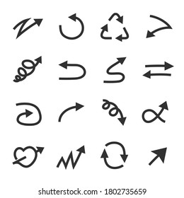 Doodle arrow of various shapes. Monochrome icons set. Arrows, simple symbols collection