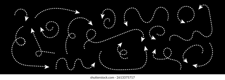 Doodle arrows with brush stroke, curved sketch elements, black artistic arrow set, vector symbols for navigation, graphic sel, zigzag hand-drawn marker, directional set of arrows.
