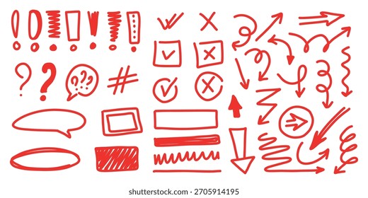 Doodle flechas, marcas de verificación y Iniciar sesión tinta roja