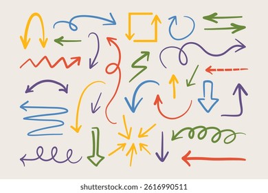 Doodle arrows. Childish arrow collection, colorful child scribble pointers direction signs, simple lines and marks elements. Vector arrows set
