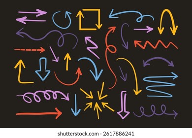 Doodle arrows. Childish arrow collection, colorful hand drawn scribble pointers direction signs, simple lines and marks elements. Vector arrows set