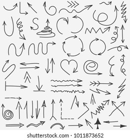 Doodle arrows collection. Hand drawn Black arrow set elements in thin lines isolated on white. Vector