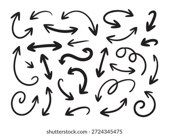 Doodle-Pfeilsammlung. Handgezeichnete Pfeilskizzen Einfache Richtungszeiger. Vielfalt von gebogenen und geraden Indikatoren.