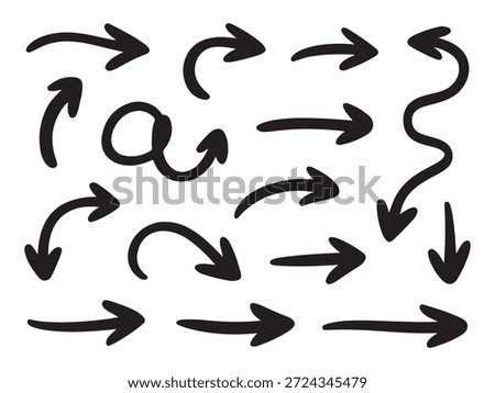 Doodle arrows collection. Hand drawn arrow sketches. Simple direction pointers. Variety of curved and straight indicators.