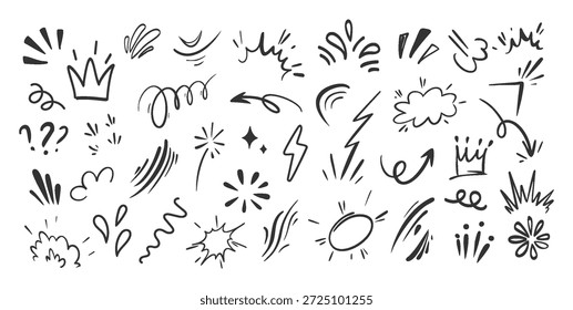 Doodle Arrows Corona Líneas De Velocidad De Relámpago, Estrellas Ráfagas, Formas De Auge Dibujado A Mano Conjunto De Efectos De Acción Cómica. Iconos de boceto de tinta negra para arte Pop Acentos de diseño de collage de redes sociales. Ilustración vectorial