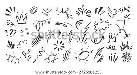 Doodle Arrows Crowns Lightning Speed Lines, Stars Bursts, Boom Shapes Hand Drawn Comic Action Effect Set. Black Ink Sketch Icons for Pop Art Social Media Collage Design Accents. Vector Illustration