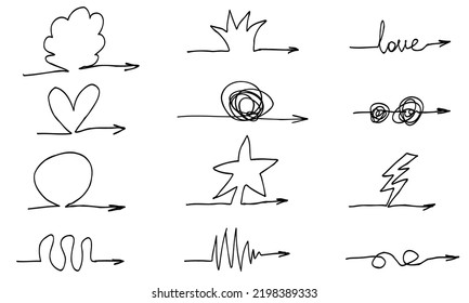 Doodle arrows with cute elements. Sketch set, scribble isolated line collection.