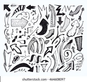 Doodle Arrows, Design Elements, funny cute decorative set. Hand drawn Vector illustration, icons collection, isolated on white.